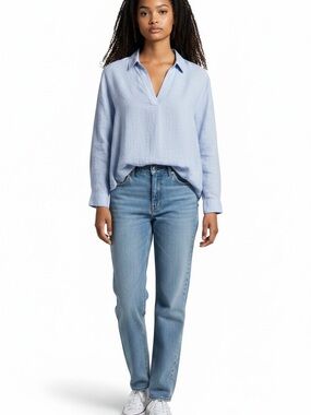 H&M  women's Light Blue Popover Linen-Blend Shirt size medium